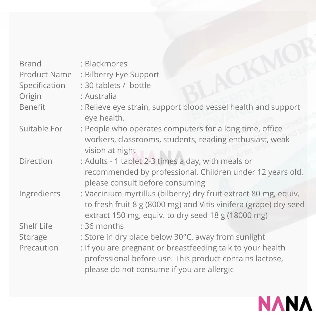 Blackmores Bilberry Eye Support 30 Tablets - Image 4