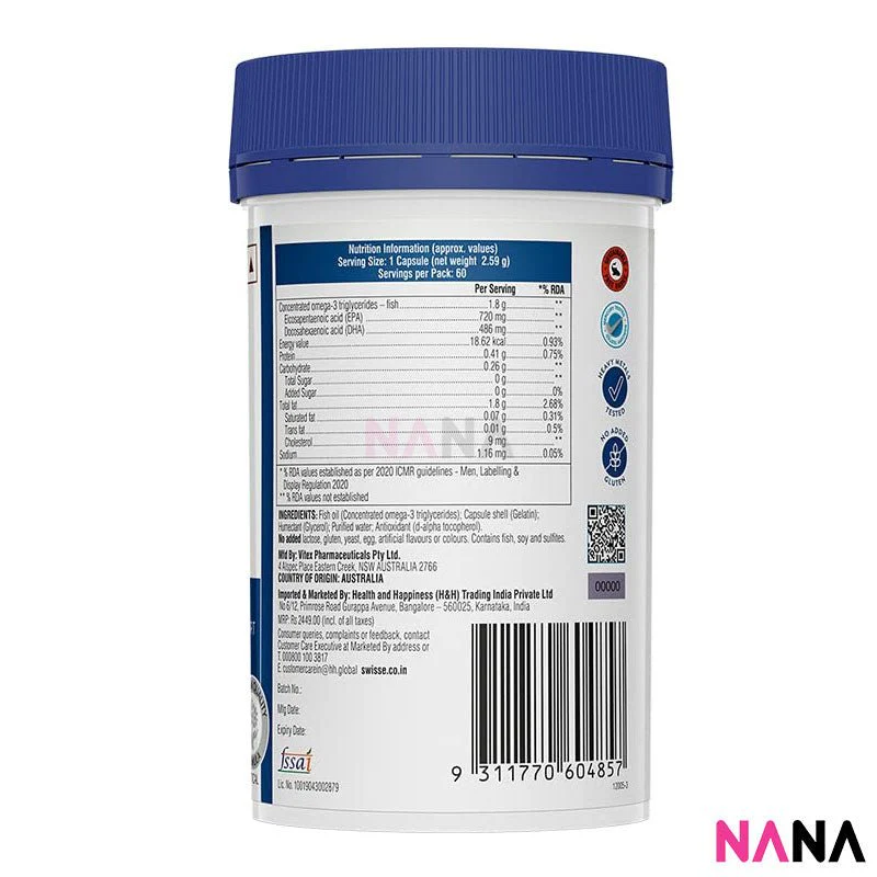 Swisse Ultiboost 4 X Strength Omega-3 Odourless Wild Fish Oil 1800mg Concentrate 60 Capsules - Image 3