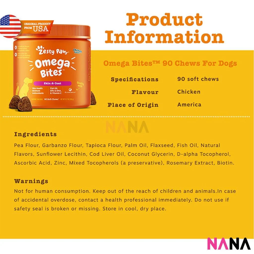 Zesty Paws Skin & Coat Bites Chicken Flavor 90 Soft Chews - Image 3
